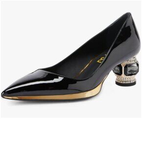 FSJ Black-gold Trim Pointed Toe Low Heel Crystal Pumps Gold Trim Slip on Shoes